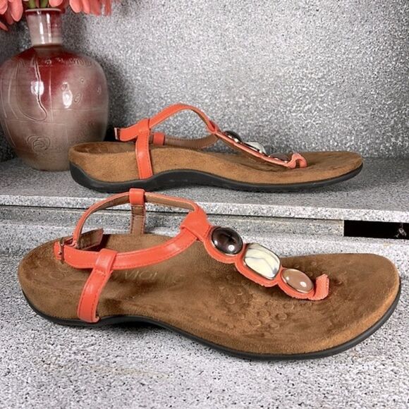 Vionic GWINN T Strap Sandals Coral Boho Embellished Stones Shoes Size 7 - Picture 1 of 10